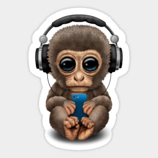 Cute Baby Monkey With Cell Phone Wearing Headphones Sticker